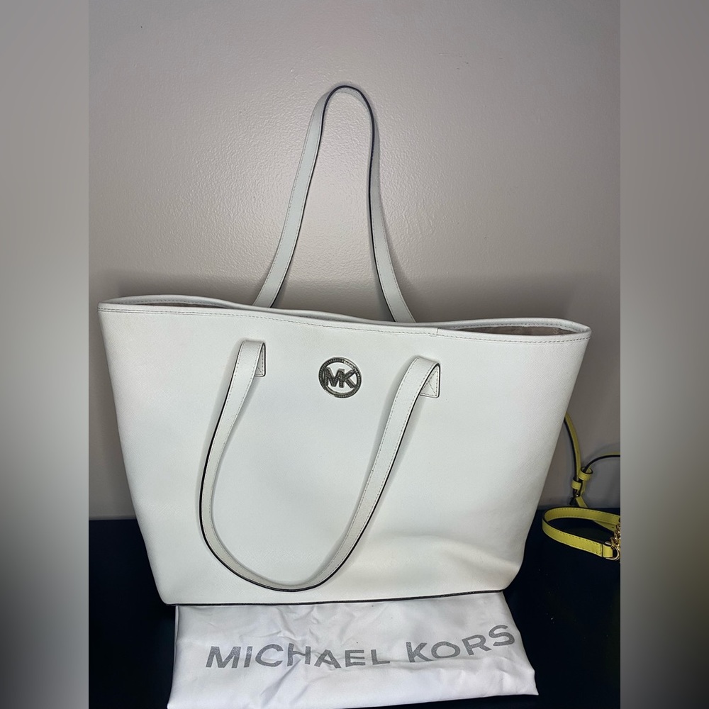 Michael Kors leather tote large white and silver